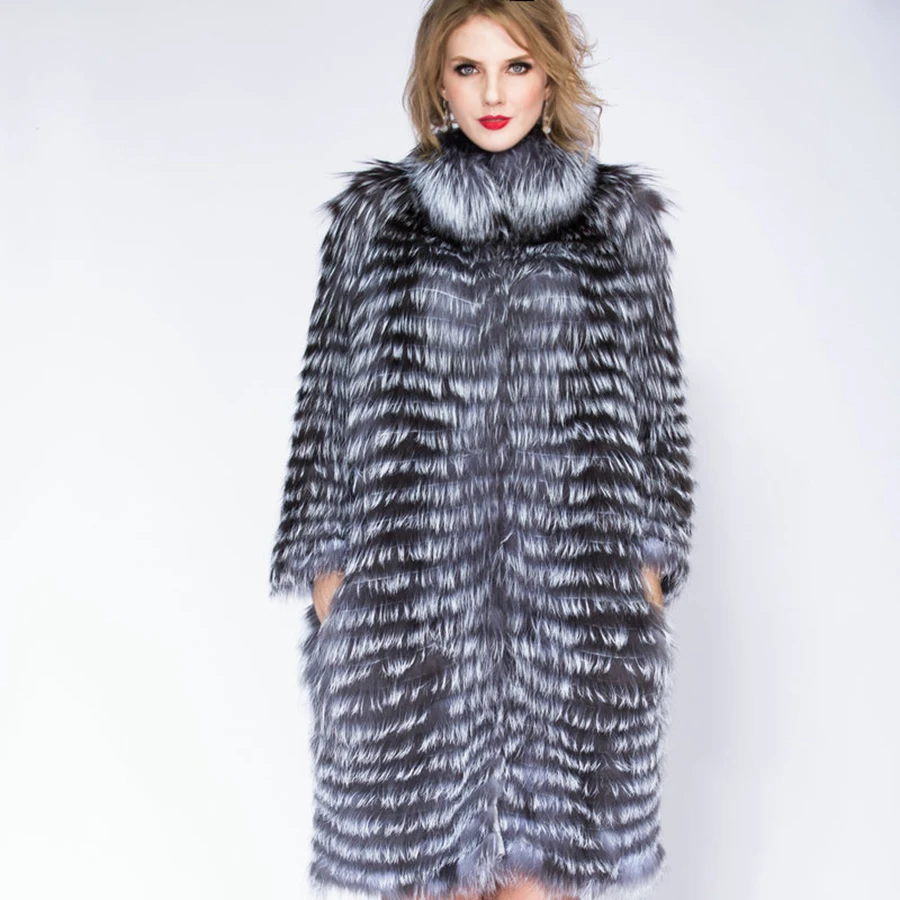 Sandbar Fur Wholesale Genuine Leather Real Fox Fur Sliver Fox Fur Women Coats Female natural color  Real Fox Fur