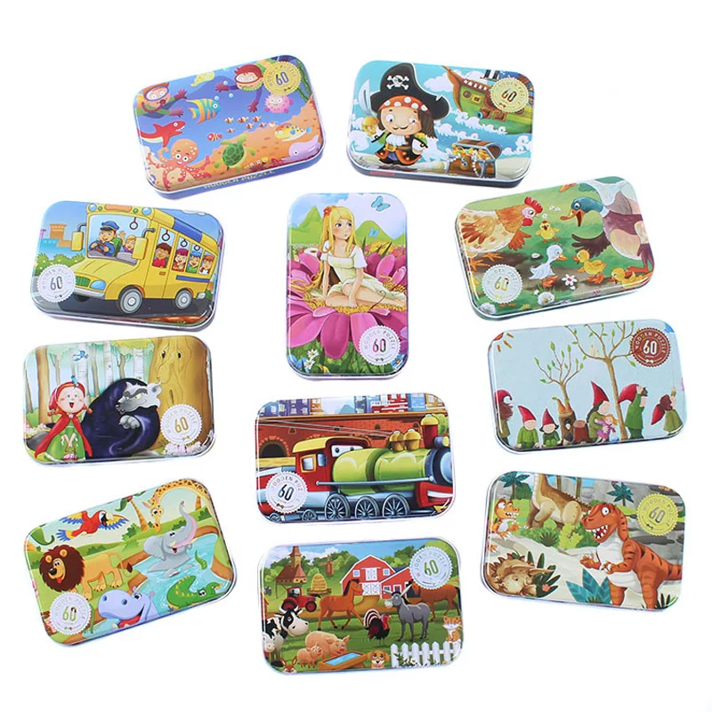 

60pcs/set Wooden Puzzle Cartoon Toy 3D Wood Puzzle Iron Box Package Jigsaw Puzzle for Child Educational Montessori Wooden Toys