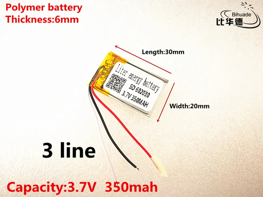 3 linii dobrej jakości 3.7 V, 350 mAH, 602030, polimerowa bateria litowo-jonowa/akumulator litowo-jonowy do TOY, POWER BANK, GPS, mp3, mp4