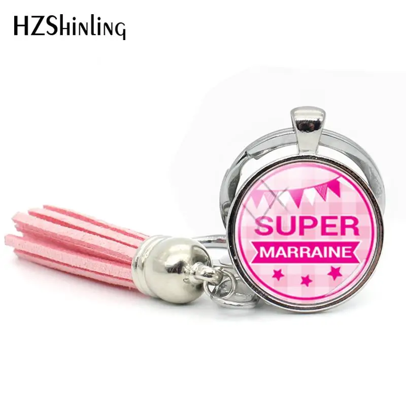 2018 New Super Marraine Tassel Keychain Meilleure Marraine Keychains Glass Cabochon Photo Jewelry Key Chain For a Woman Bag