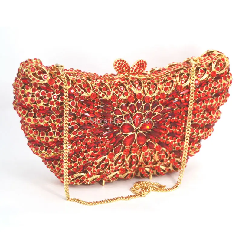 Red Butterfly Shape Evening Bag Rhinestones Clutch Bag Handmade Diamante Bling Bag Pochette Party Purse Wedding Bag SC234