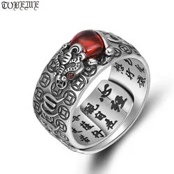 100% 925 Silver Tibetan Six Words Proverb Ring Good Luck Wealth Pixiu Ring Lucky Jewelry Man Ring