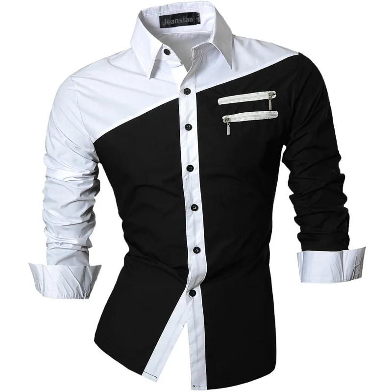 Jeansian Men\'s Casual Dress Shirts Fashion Desinger Stylish Long Sleeve K371 Black2