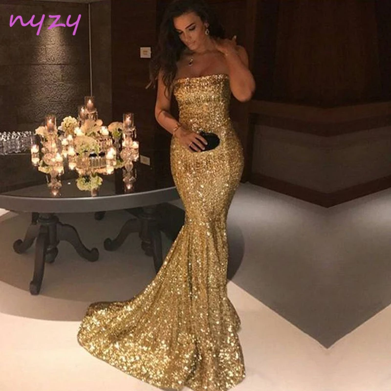 

NYZY E6 Elegant Simple Gold Sequin Gown 2019 Formal Dress Robe Longue Mermaid Long Dresses Evening