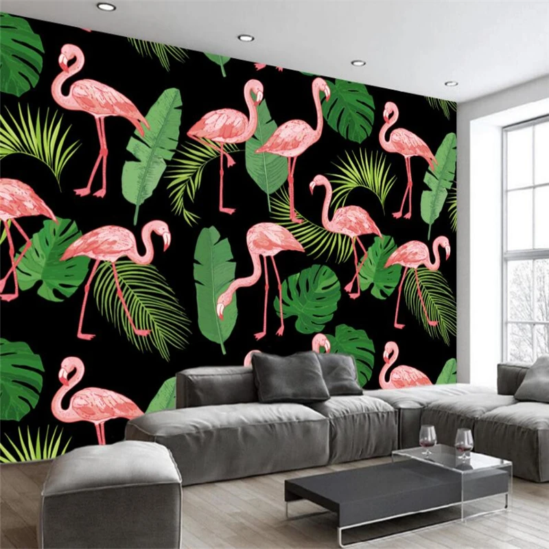 

beibehang Nordic abstract flamingo banana leaves mural background wall Custom large mural green wallpaper papel de parede