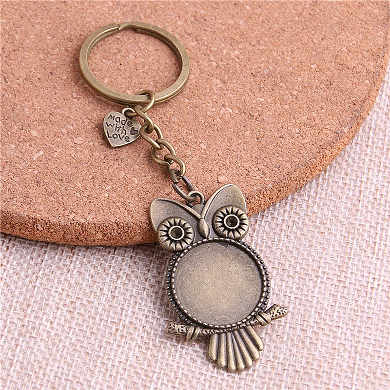 5Pcs/Lot Metal Key Chain Round Owl Cabochon Setting DIY Vintage Handmade Key Chain Jewelry Making