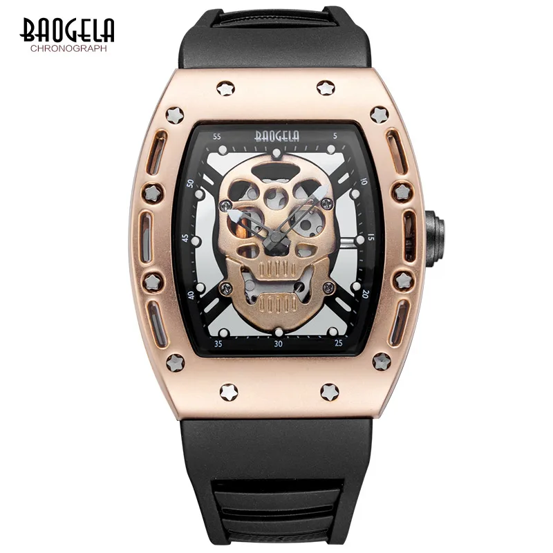 Baogela Fashion Rectangle Skeleton Dial Luminous Hands Silicone Strap Army Sport Quartz Watches BGL1612G-3