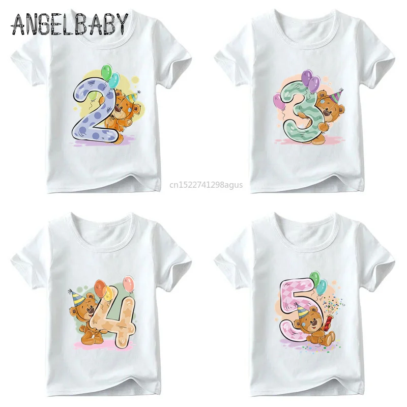 Girls Birthday Bear Number 1-9 Bow Print T shirt Baby Summer T-shirt,Kids Cartoon Winnie Birthday Present Cute Clothes,ooo5237