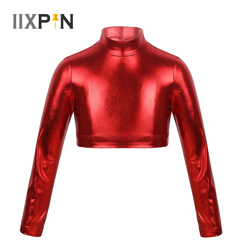 

Girls gymnastics Leotard ballet dance clothes Long Sleeves Mock Neck Glossy Metallic Tops Crop Top for Dancing Stage Performance