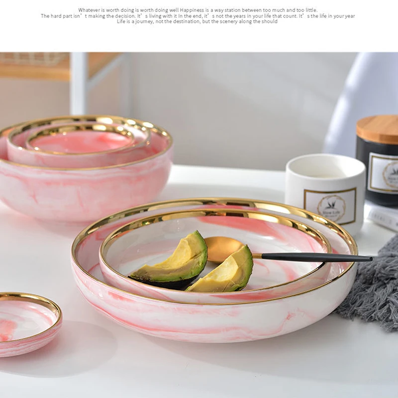 14PCS Set For 4 People Pink Marble Ceramic Dinner Dish Rice Salad Bowl Soup Plates Dinnerware Sets Tableware Kitchen Cook Tools