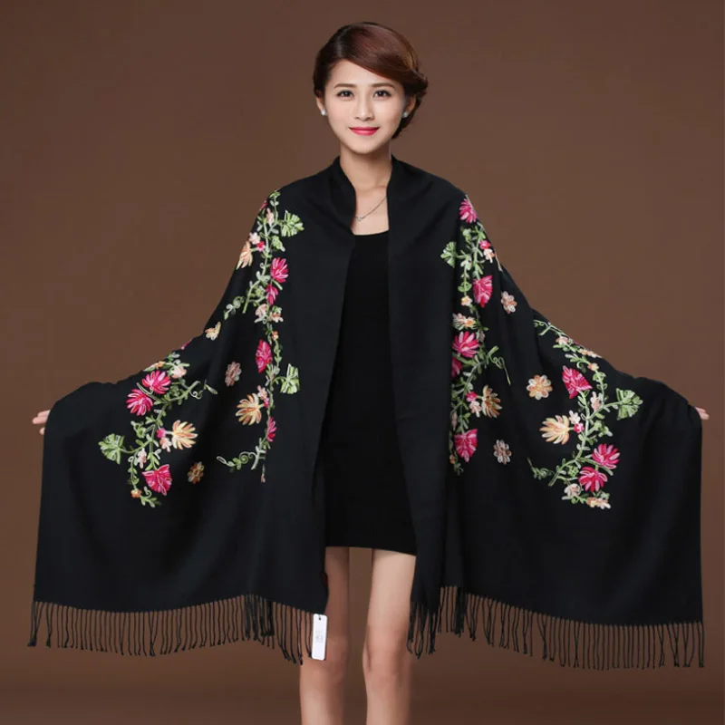 

Black Embroider Flower Pashmina Cashmere Scarf For Women Winter Warm Fine Tassels Scarf Shawl Fashion Shawl Scarves