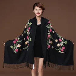 Black Embroider Flower Pashmina Cashmere Scarf For Women Winter Warm Fine Tassels Scarf Shawl Fashion Shawl Scarves