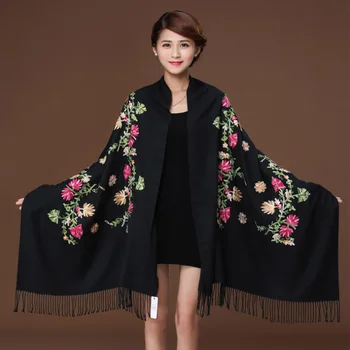 Pashmina de Cachemira con bordado de flores para mujer, bufanda de borlas finas y cálidas, chal de moda, color negro, Invierno