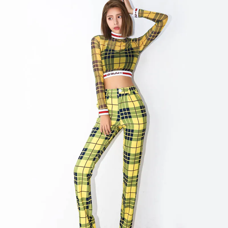 

Sexy Yellow Grid Stretch Skinny Stage Singer Clothes Nightclub Woman Singer DJ DS Bar Party Catwalk Jazz Dance Costume 3PCS/SET