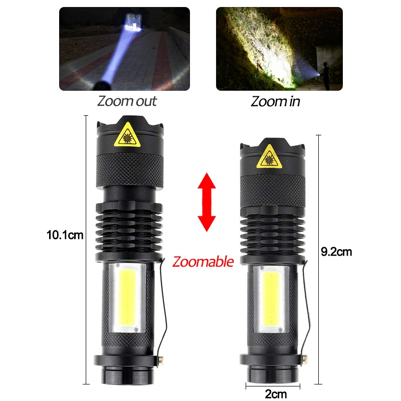 Torcia a LED portatile Mini Q5 + COB Zoom 4 modalità torcia torcia uso AA 14500 batteria lanterna di illuminazione impermeabile