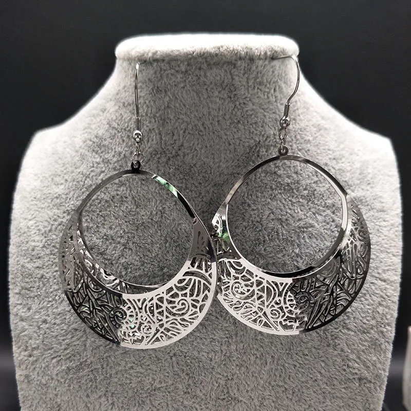 Fashion Big Stainless Steel Drop Earrings for Women Jewelry Silver Color Flower Statement Earrings aretes largos E1653S01