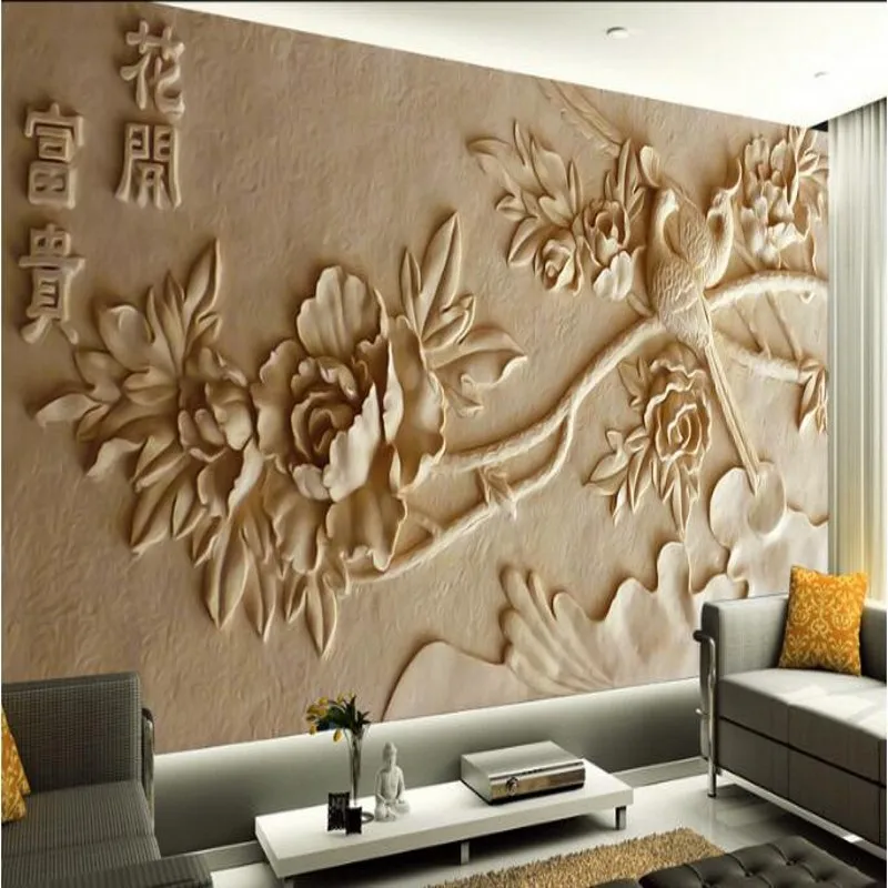 

wellyu Custom large - scale mural relief embossed Peony fresco TV background wall wallpaper papel de parede para quarto