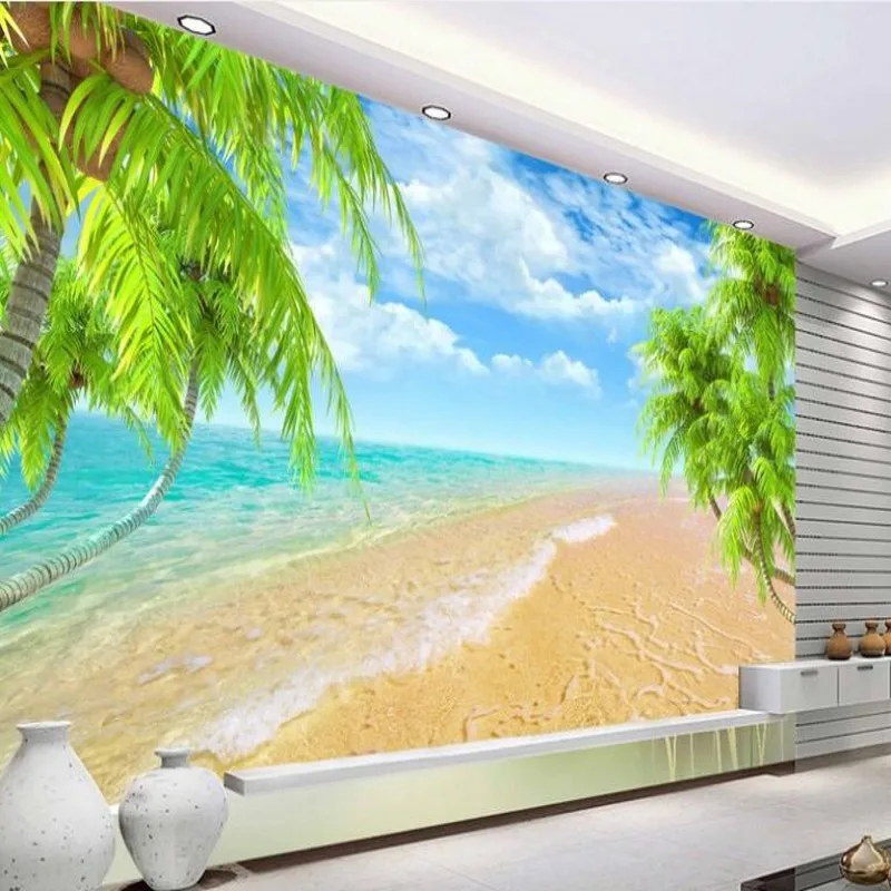 wellyu  Custom big fresco refreshing summer Hawaii blue sky sea beach coconut 3D TV backdrop  wallpaper papel de parede