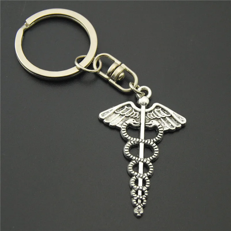 1PCS  Silver Color Caduceus Symbol Mercurial Staff With Winged Snakes Key Chains Diy Handmade E864