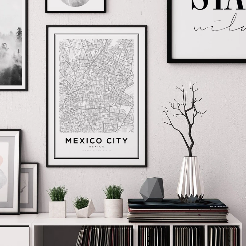 Impresiones de mapa de la ciudad de México, pintura artística en lienzo, carteles de viaje, latitud en blanco y negro, imágenes artísticas de pared,