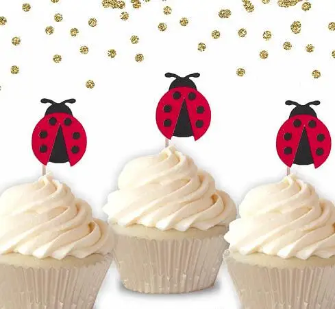 glitter lady bugs birthday cupcake toppers baptism Christening party decoration doughnut food picks