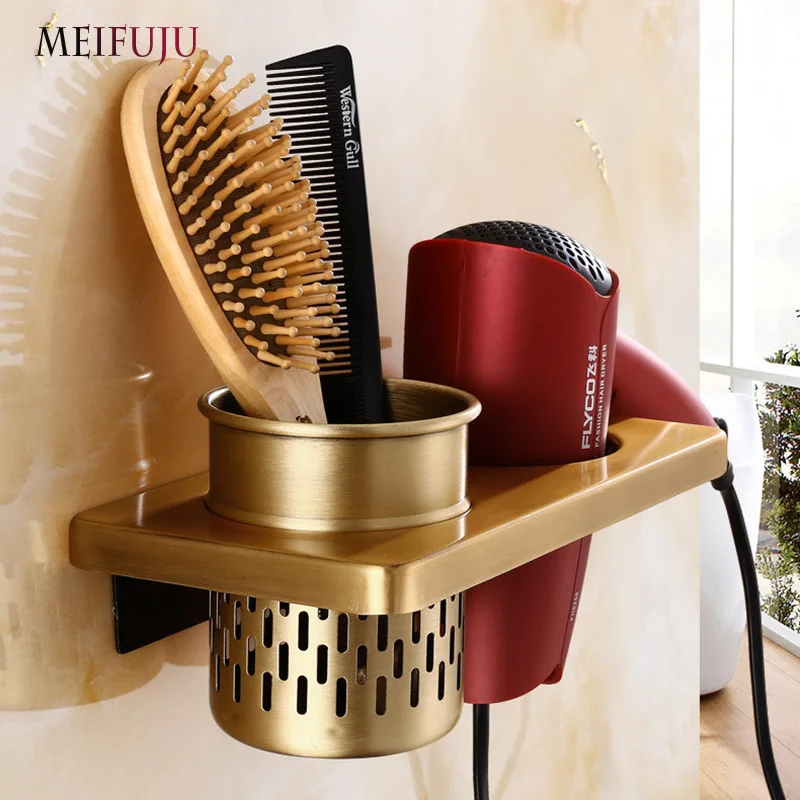 MEIFUJU Antique Hair Dryer Comb Rack Holder Bathroom Storage Organizer Commodity Shelf Bathroom Accessories with Cup Black