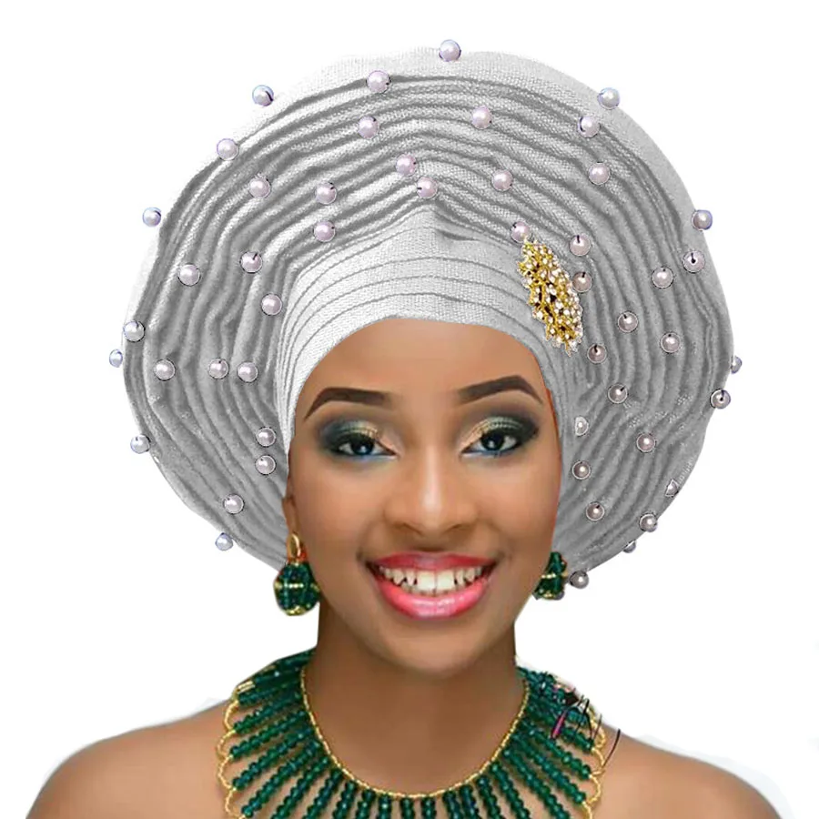 African Gele Already Made Heatie Aso Oke Headtie With Beads For Women Free Shipping