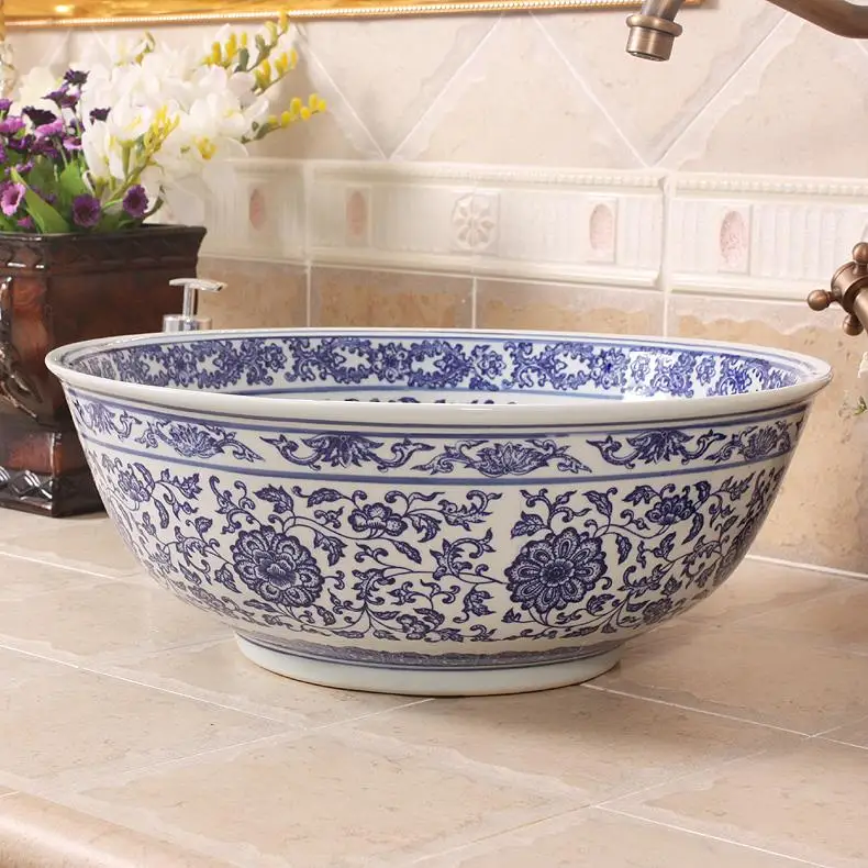 

Blue and white chinese wash basin Jingdezhen Art Counter Top ceramic sink to bathroom