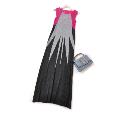 

HOT SELLING miyake pleated one-piece dress female medium-long geometric print dress IN STOCK
