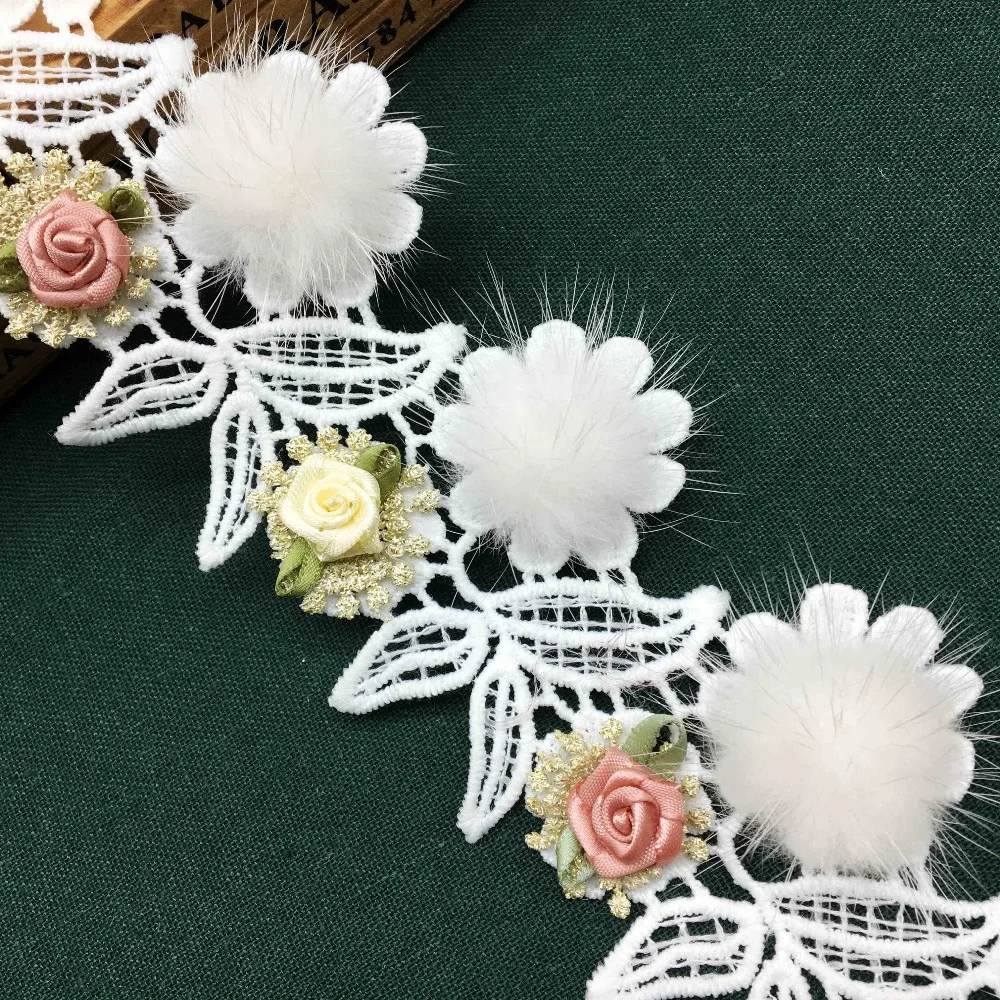 

1 yd Cotton 3D Pompom Lace Rose Flower Embroidered Lace Trim Ribbon Fabric Wedding Dress Applique Sewing Craft For Costume Hat