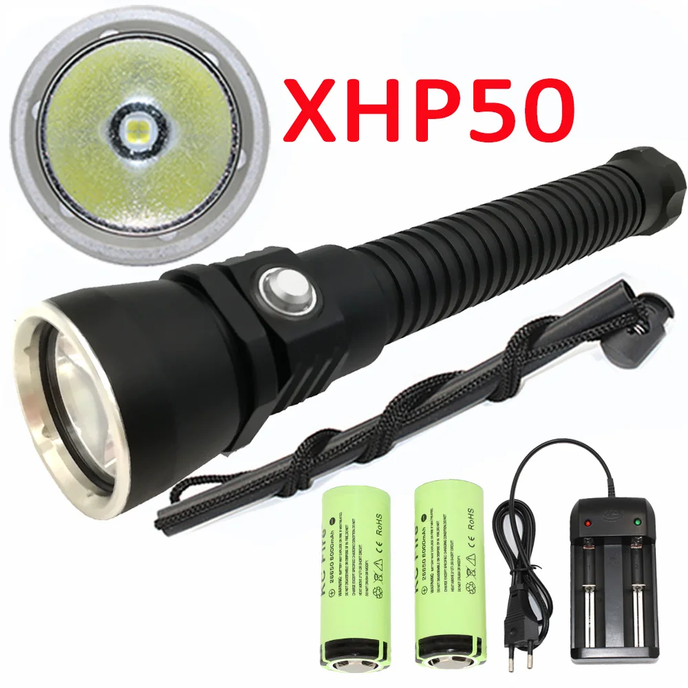 Waterproof XHP50 LED Diving Flashlight Underwater Scuba Dive Flash Light Powerful Torch Lamp +2x 26650 Battery +Charger