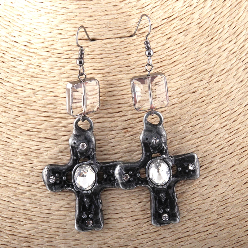 Fashion Women Rectangle White Crystal Link Drop Metal Cross Earring