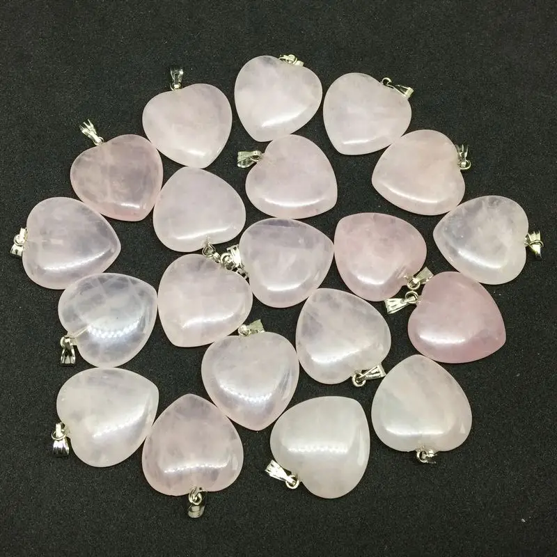 50 pcs Wholesale Nature Rose Quartzs Stone slide Heart Pendants 20 mm Charm Pink Crystal Quartz Bead DIY Earrings Necklace etc