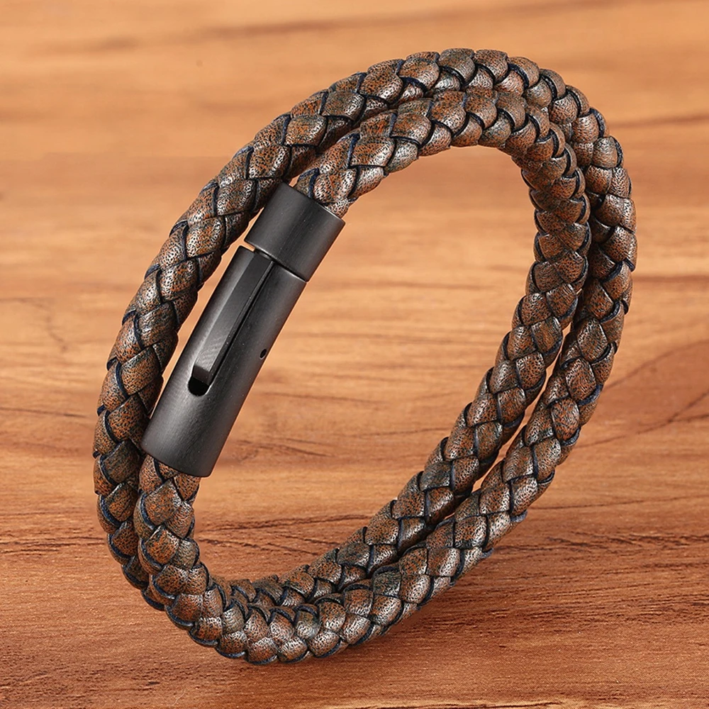 TYO New Arrival Khaki Genuine Braided Leather Wrap Cord Bracelet Stainless Steel Black Easy-hook Male Simple Punk Jewelry