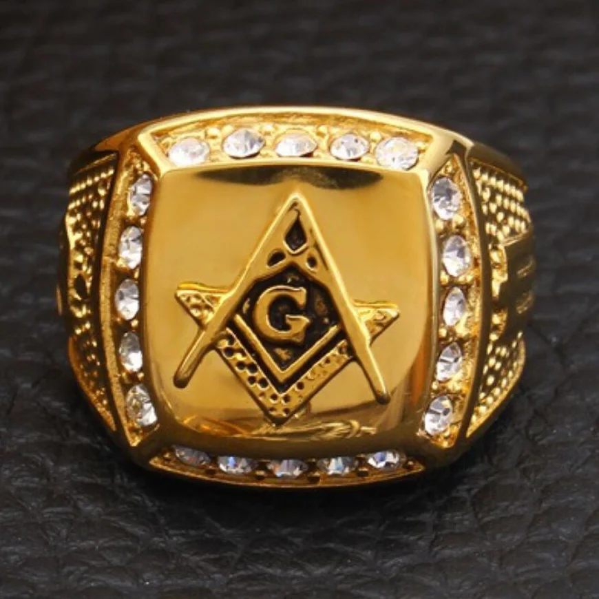 316L Stainless Steel Cool Gold Color Freemason Ring Men Hip Hop Iced Out Bling Crystal Masonic Rings Fashion Jewelry