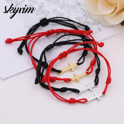 Skyrim handgefertigtes Knoten-Edelstahl-Kreuz-Armband, Paar, schwarz, rot, Kordel, Schnur, Wachsseil, Anhänger, gepaarte Armbänder für Damen und Herren