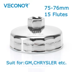 Veconor 스퀘어 닥터 스틸 오일 필터 렌치 캡 하우징 도구 리무버, GM 크라이슬러 범용, 1/2 인치, 75mm-76mm, 15 플루트