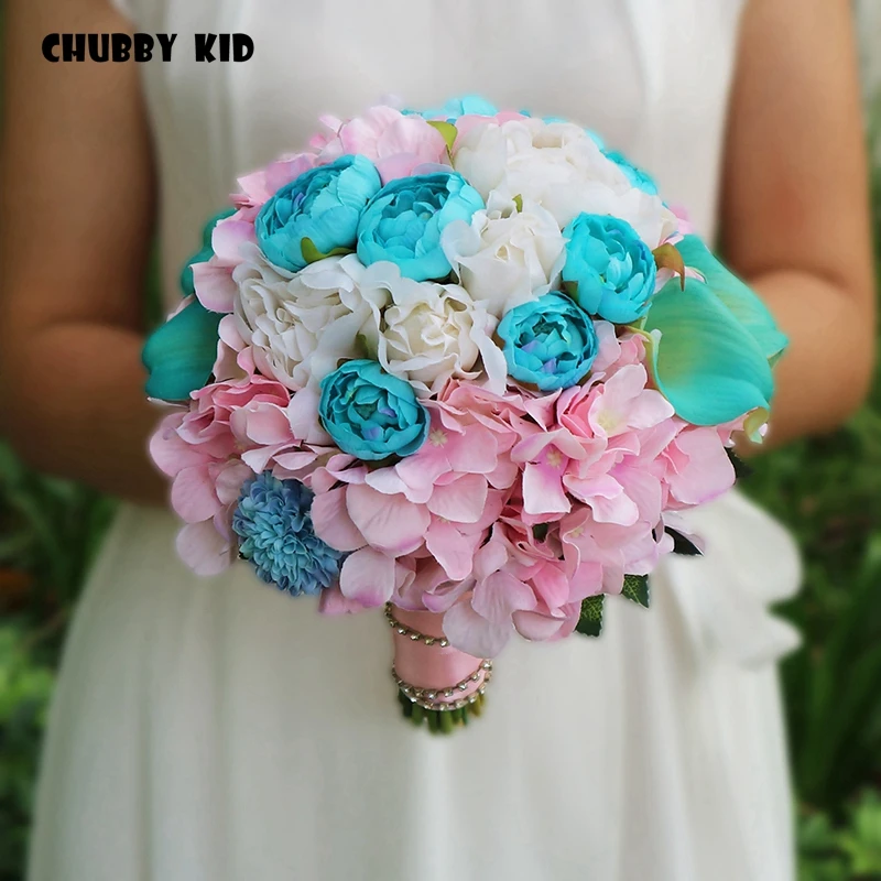 100% Hi-Q Romantic Bridal Bouquets Handmade Artifical Flower Bouquet Wedding Bridal bouquet Ramo Novia pink & blue color bouquet