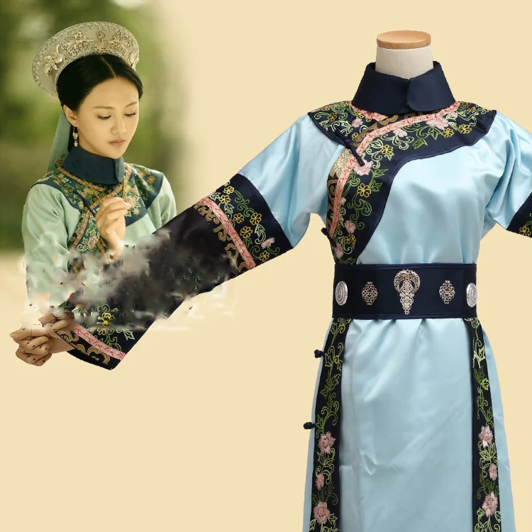 Long Gown Only Light GreenBamboo Embroidery Costume  TV Play Lonely Empty Court of Late Spring Same Design Qing Princess Costume