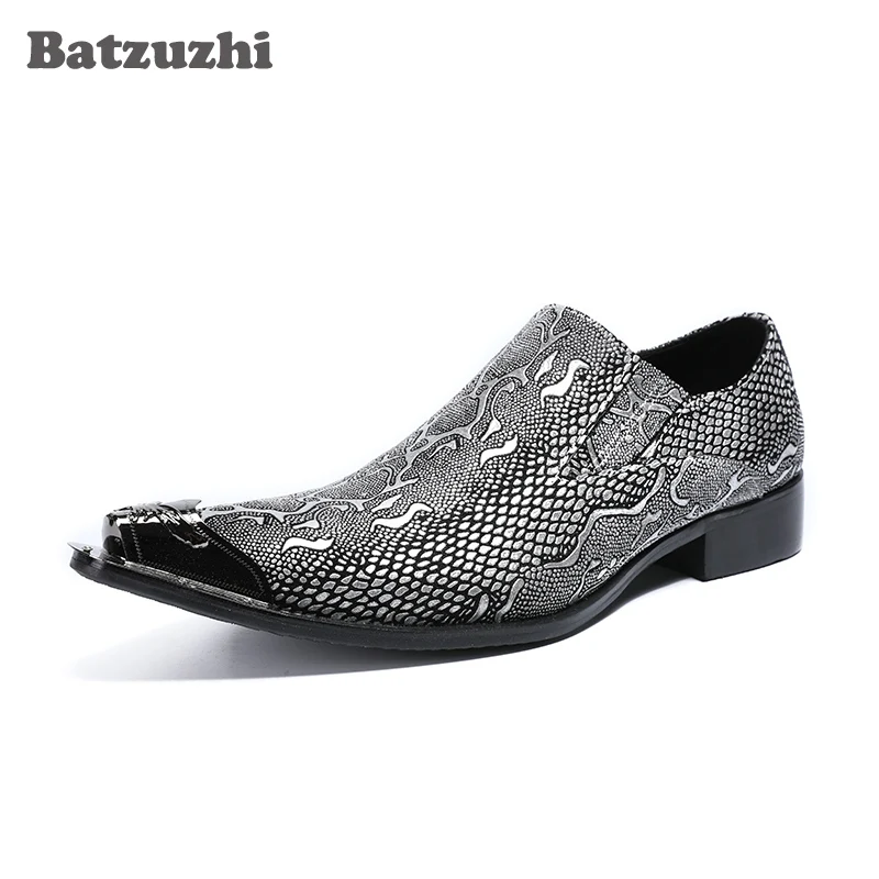 

Batzuzhi Luxury Italian Style Men Shoes Pointed Iron Toe Leather Shoes Men Slip on Silver/Gold Leather Dress Shoes Men Formal