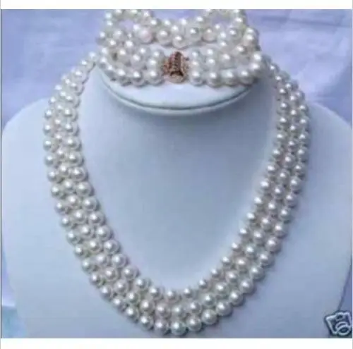 

Free Shipping 3 row strands AAA+7-8mm akoya white pearl necklace/blacelet