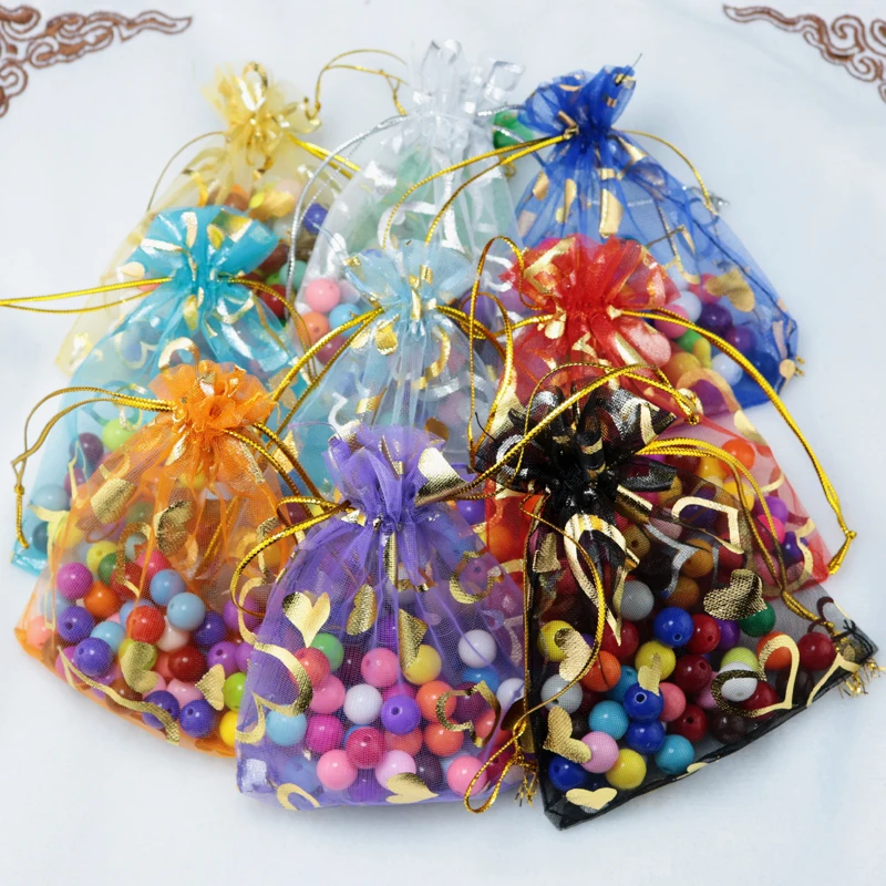 

100Pcs/Lot Multi colors Organza Bags 11x16cm Hearts Design Wedding Candy Jewelry Packaging Bags Drawstring Gift Bag Pouches