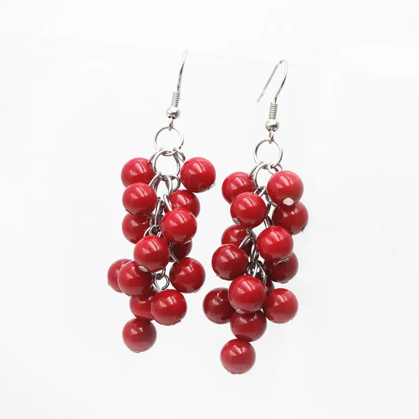 Neo-Gothic Ethnic Long Dangle Earring for Women 8mm Red Artificial Coral Drop Grape Shape Earrings Fashion Jewelry Eardrop A660