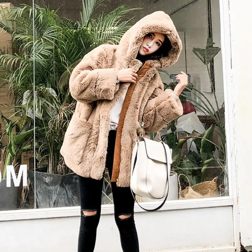 

Winter Fashion Women Hooded Jacket Faux Rex Rabbit Fur Coat Individual Zipper Design Warm Fur Jacket Casual Loose Outwear L1780