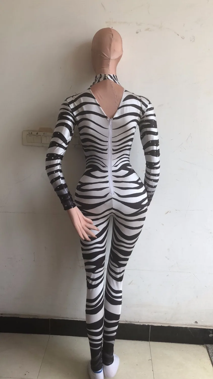 เซ็กซี่ Zebra พิมพ์ยืด Jumpsuit Rhinestones Stage สวมใส่บอดี้สูทนักร้องหญิงแสดงชุดบาร์ไนท์คลับชุดคอสเพลย์