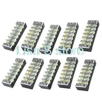 600V 25A Double Row 6 Position Screw Terminal Barrier Block Black 10 Pcs