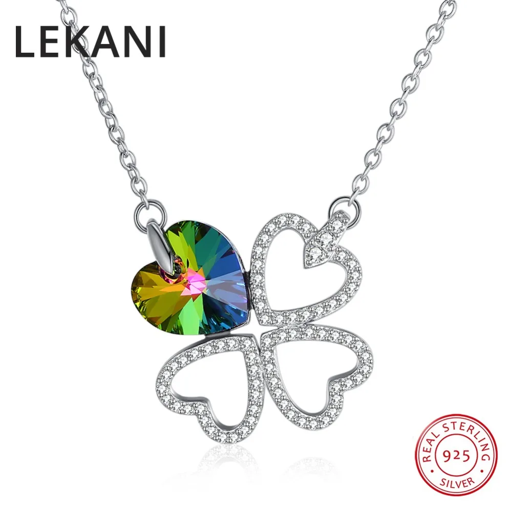 LEKANI Lucky Clover Jewelry Hearts Crystal From Austria Pendants Necklaces Romantic S925 Silver Collares For Women Fine Joyas