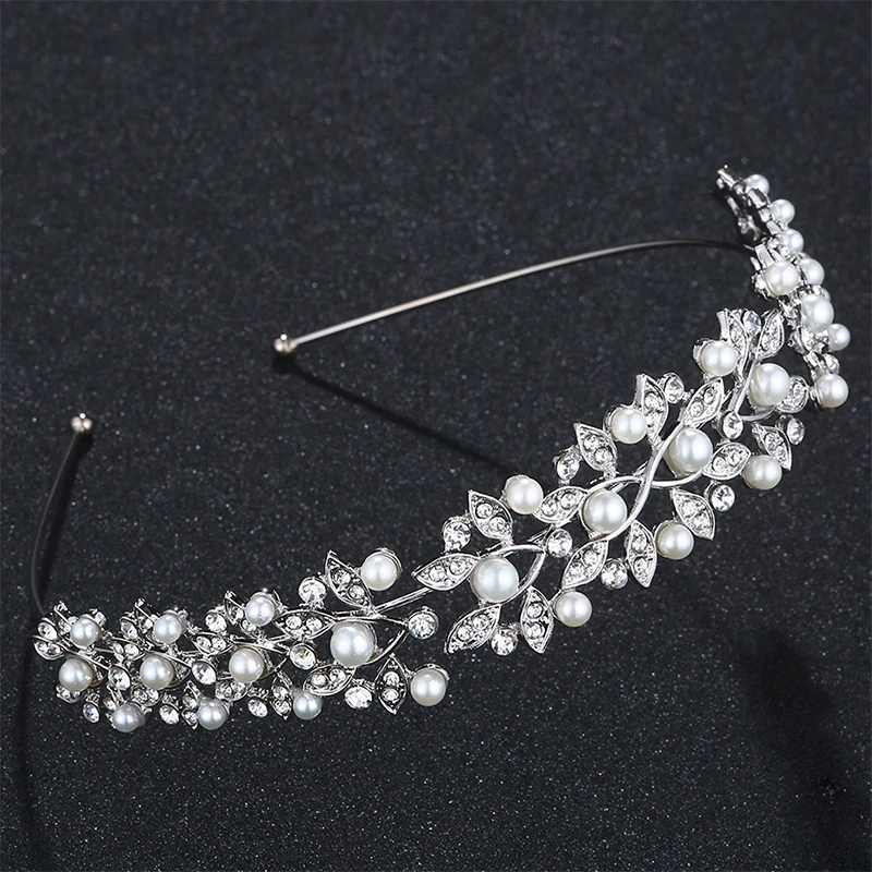 Miallo Rhinestone Pearls Crown Headband Vintage Crystal Bridal Tiaras Wedding Hair Jewelry Leaves Princess Diadem for Women