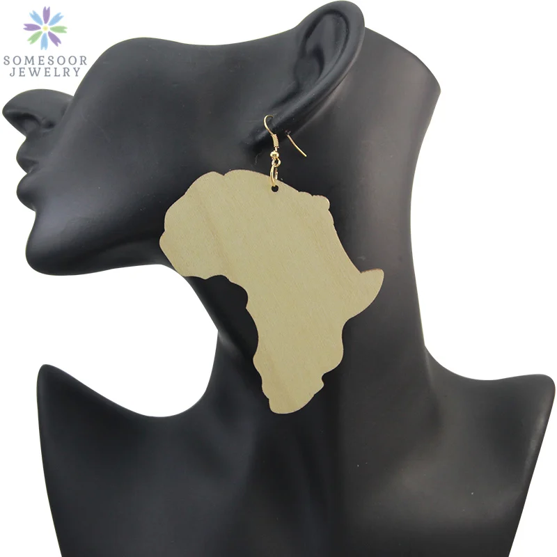 SOMESOOR Engraved African Map Retro Unfinished Wood Drop Earrings Black Queen Afrocentric Ethnic Pendant Jewelry Lady Gift 1pair