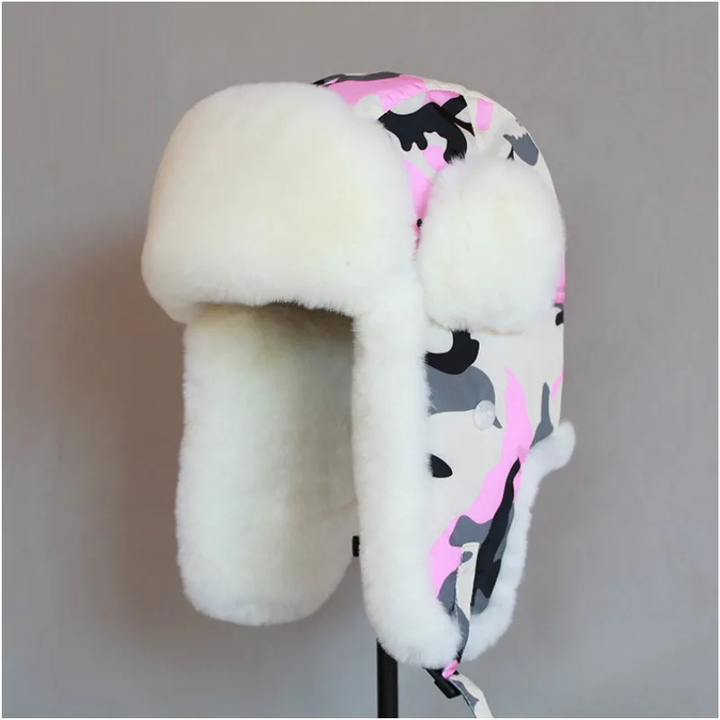 

B-8487 Natural Rabbit Fur Trapper Hat Russian Ushanka Hat Skiing Cap Winter Warm Earflap Hat Genuine Artificial Fur Bomber Cap